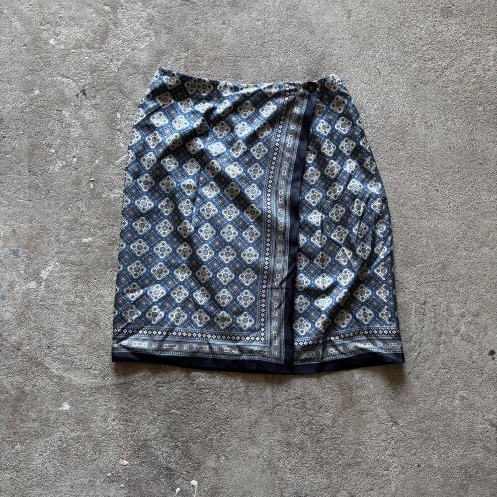 Blue and white Talbots mini skirt with wrap design